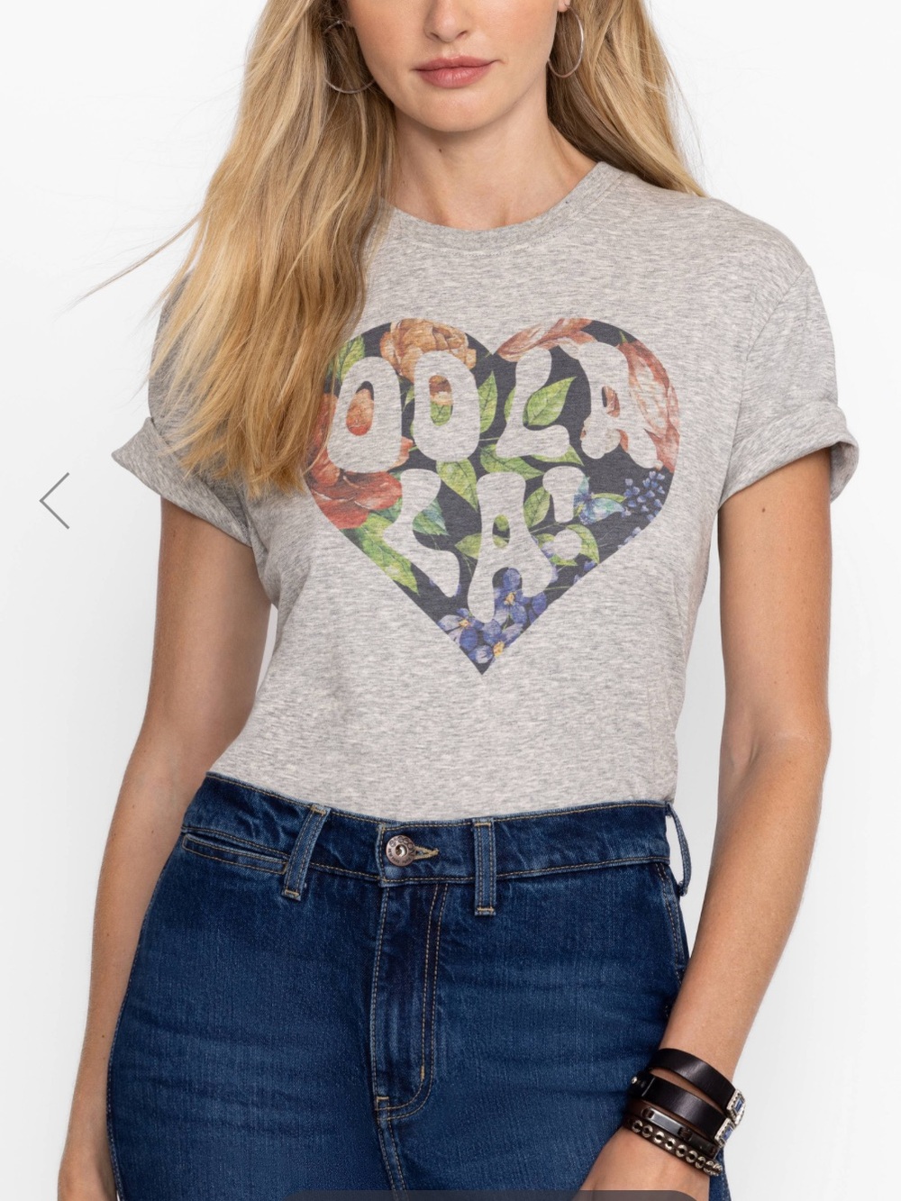 Johnny Was Heart Oolala Graphic Tee Floral Heart, Heather Gray, Sz S, NWT